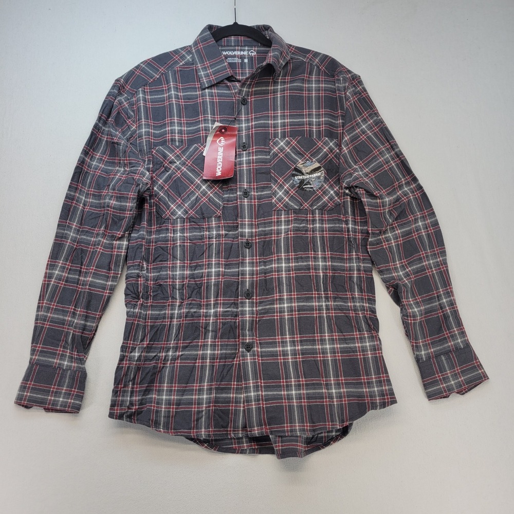Wolverine Flannel Button Down Shirt Mens Medium Gray Red Plaid Long Sleeve